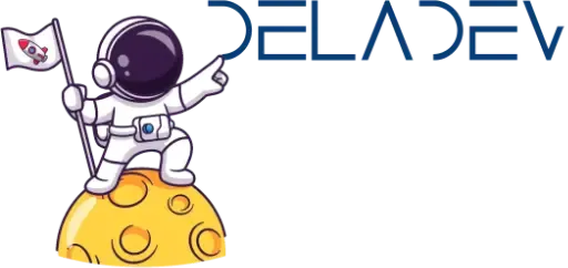 Logo de Deladev accompagné d'un astronaute posé sur une lune, un drapeau à la main, qui désigne le logo du doigt